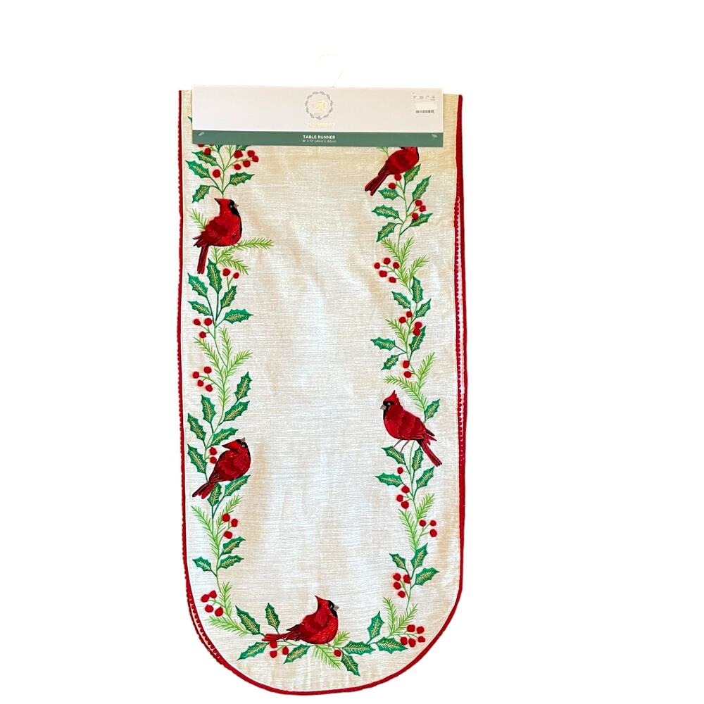 The Farmhouse Embroidered Red Cardinals Christmas Table Runner 16x72 Holiday New